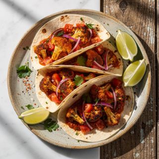 Mediterranean Tacos with Spicy Roasted Cauliflower