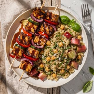 Grilled Tofu Kabobs with Rhubarb-Balsamic Glaze and Quinoa Pilaf