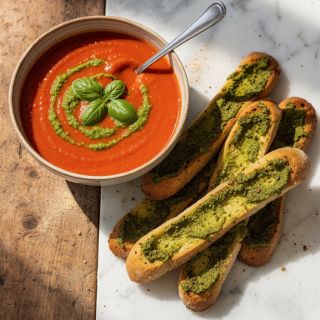 Quick Summer Tomato Soup with Pesto Breadsticks
