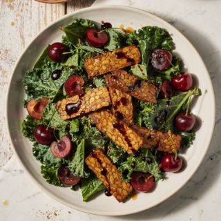 Kale Salad with Cherry Balsamic Dressing & Baked Tempeh