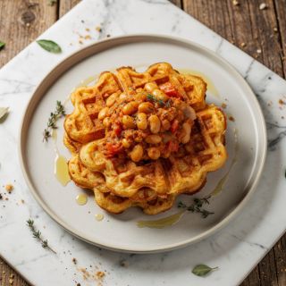 Waffled Hash Browns with Spicy White Beans